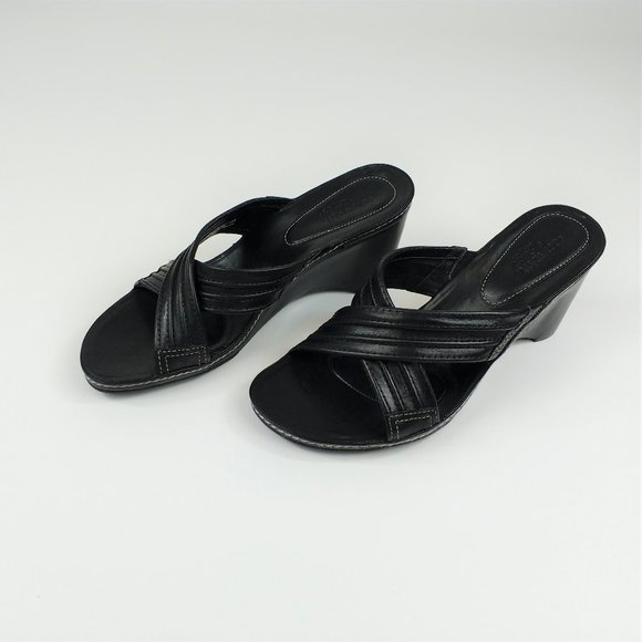 Easy Spirit Black Leather Wedge Sandals 7M - Picture 1 of 8